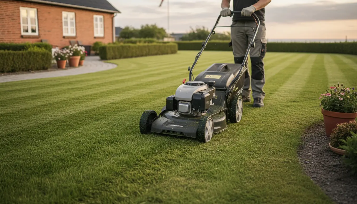En person slår græs på en flad baghave i Sønderborg med en plæneklipper.