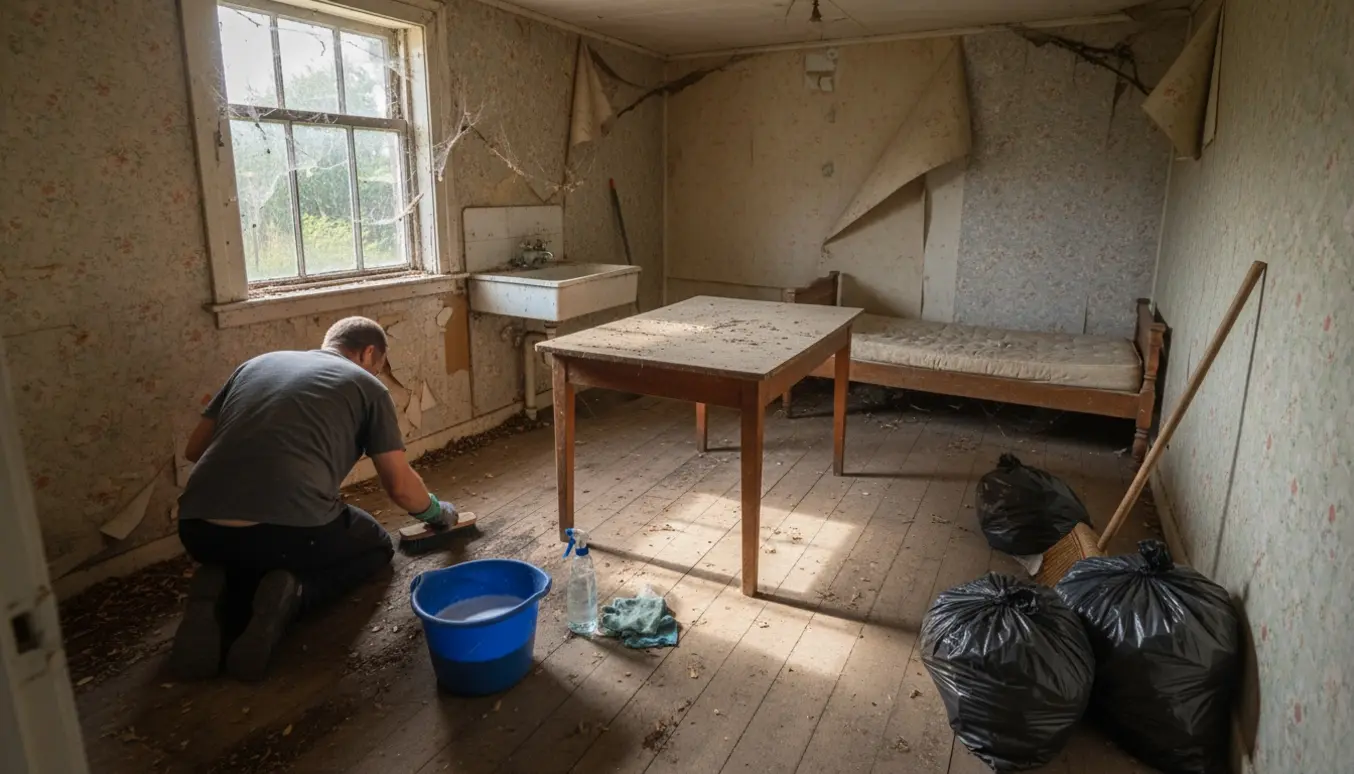 Indvendigt kolonihavehus under professionel rengøring med handsker, børste og sække klar til fjernelse.