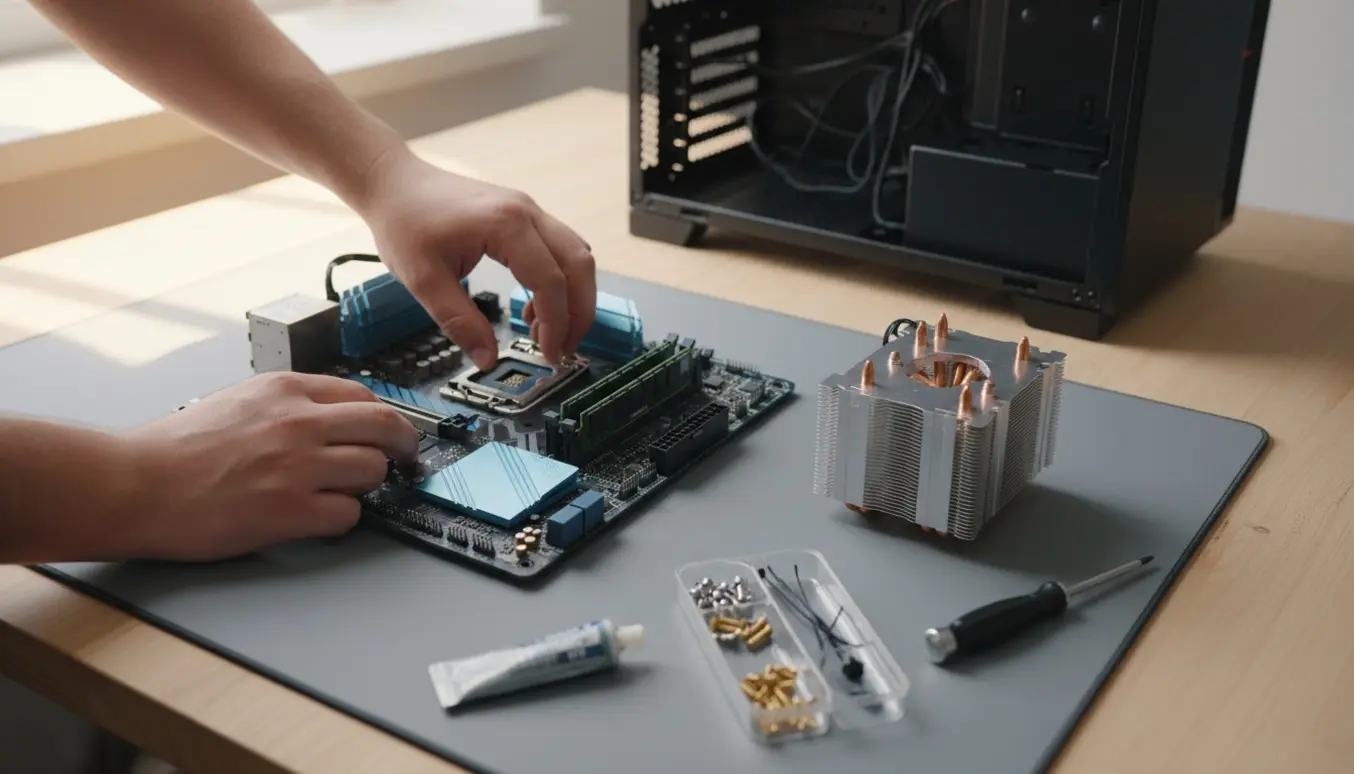 Hænder installerer en ny CPU på et bundkort med køler, RAM og værktøj på et rent arbejdsbord.