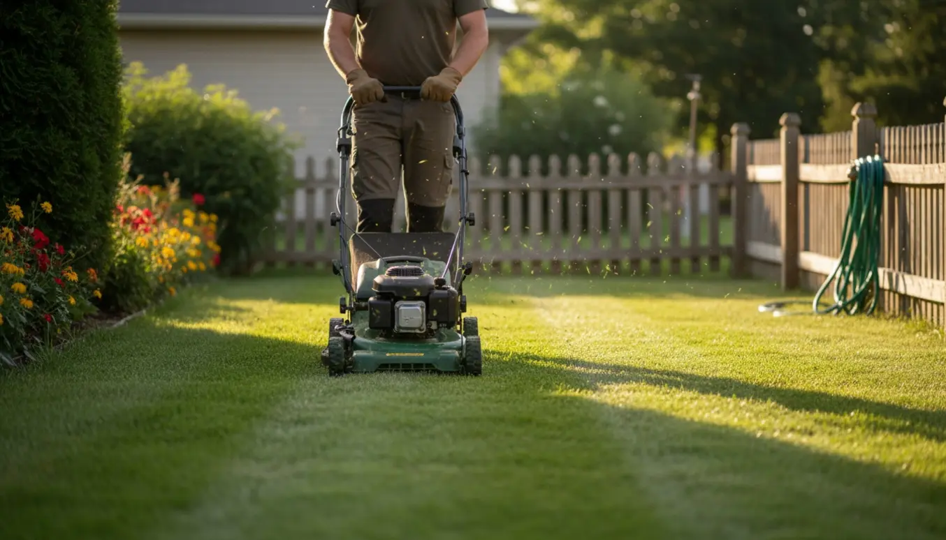 Person bagfra slår græs med en plæneklipper på en velplejet have med tydelige striber.