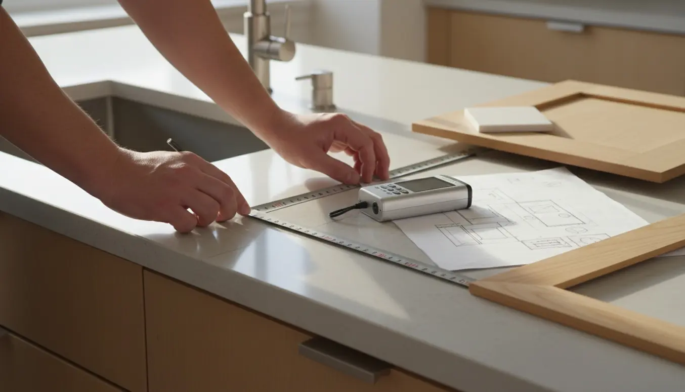 Hænder opmåler en køkkenbordplade med målebånd og skitse i et lyst, moderne køkken.