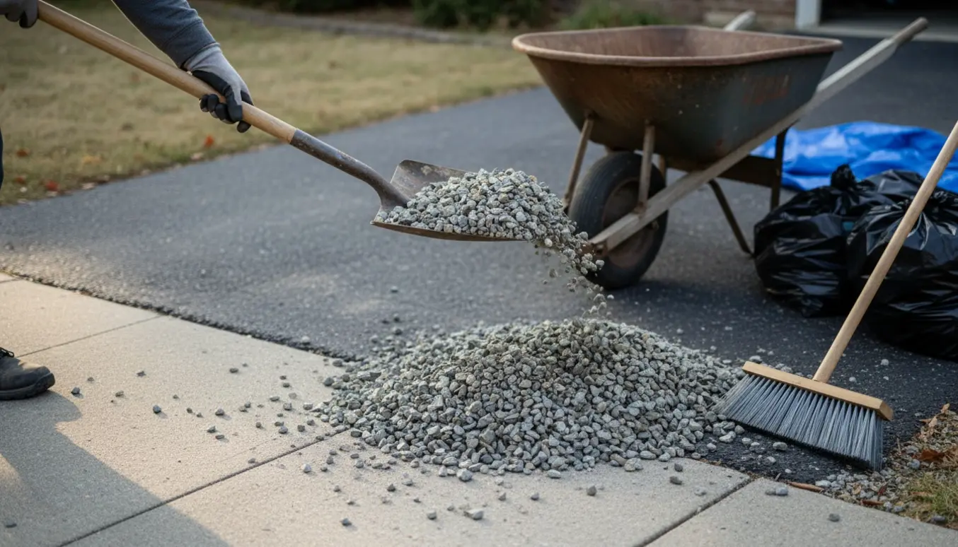 Skovl og trillebør fjerner et tykt lag grus fra en indkørsel med bunker af grus og sække klar til bortskaffelse.