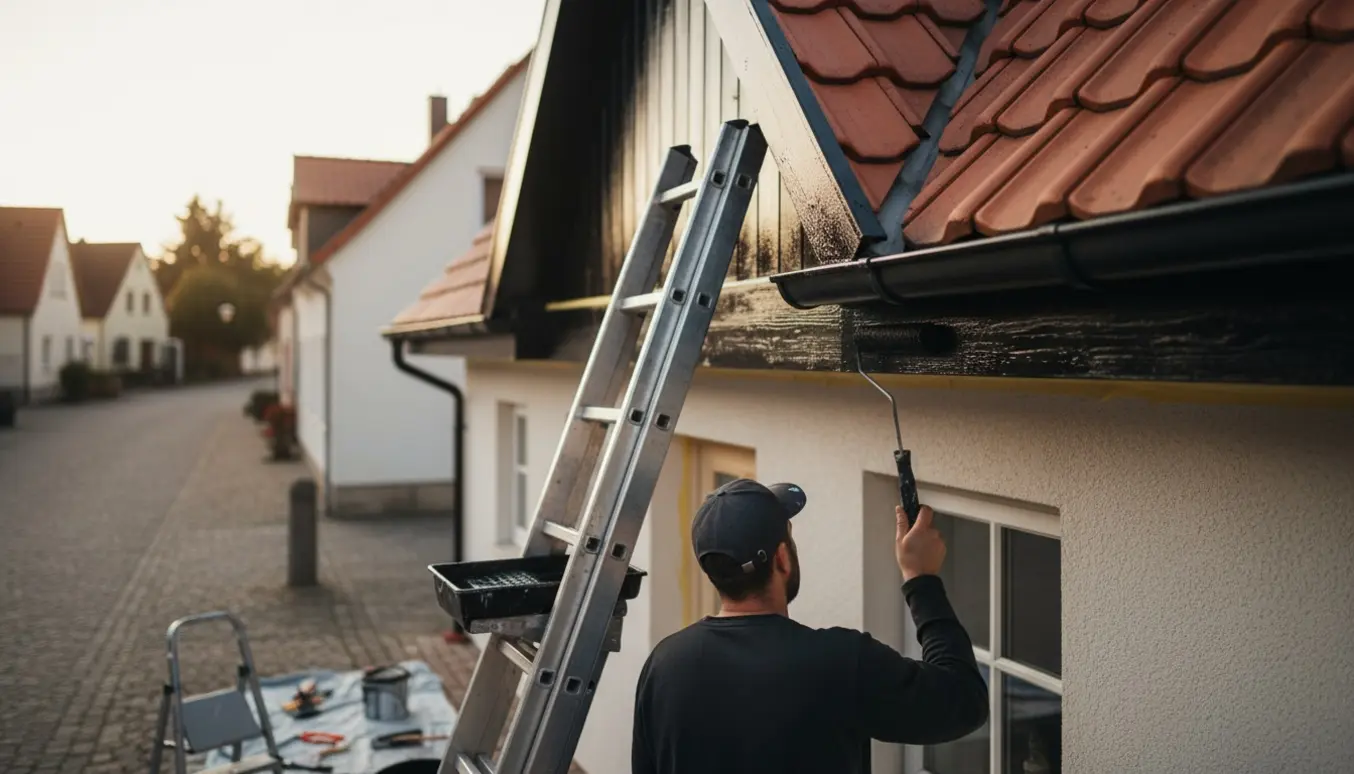En maler på stige maler husets stern og udhæng sorte med rulle, bagsiden er synlig.