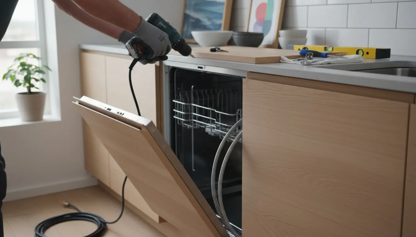 Indbygget opvaskemaskine installeres i et nordisk køkken med frontpanel klar til montering.