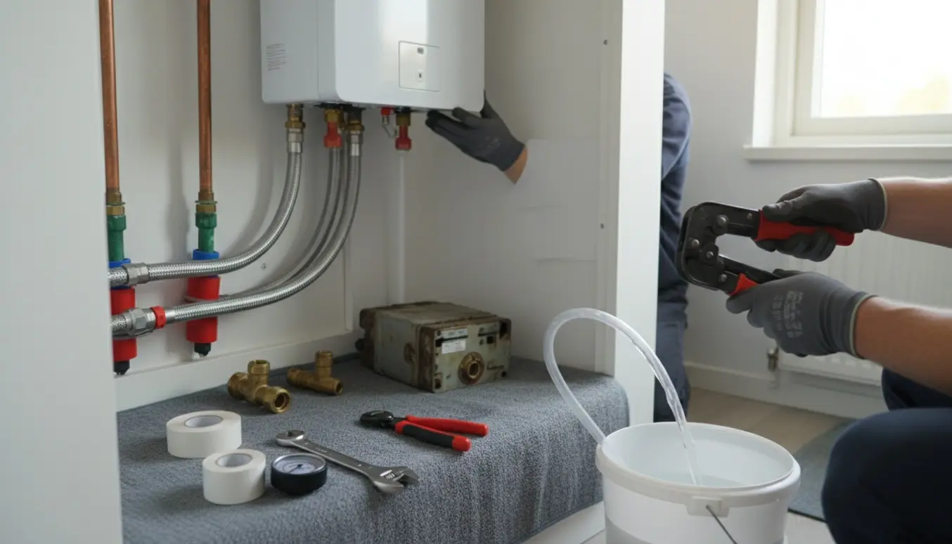 Montering af en kompakt varmeveksler i et lejligheds teknikskab med rør og værktøj.