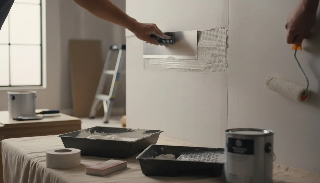 Hænder spartler og maler en ny gipsvæg med spartel, filt og rulle i et lyst rum.