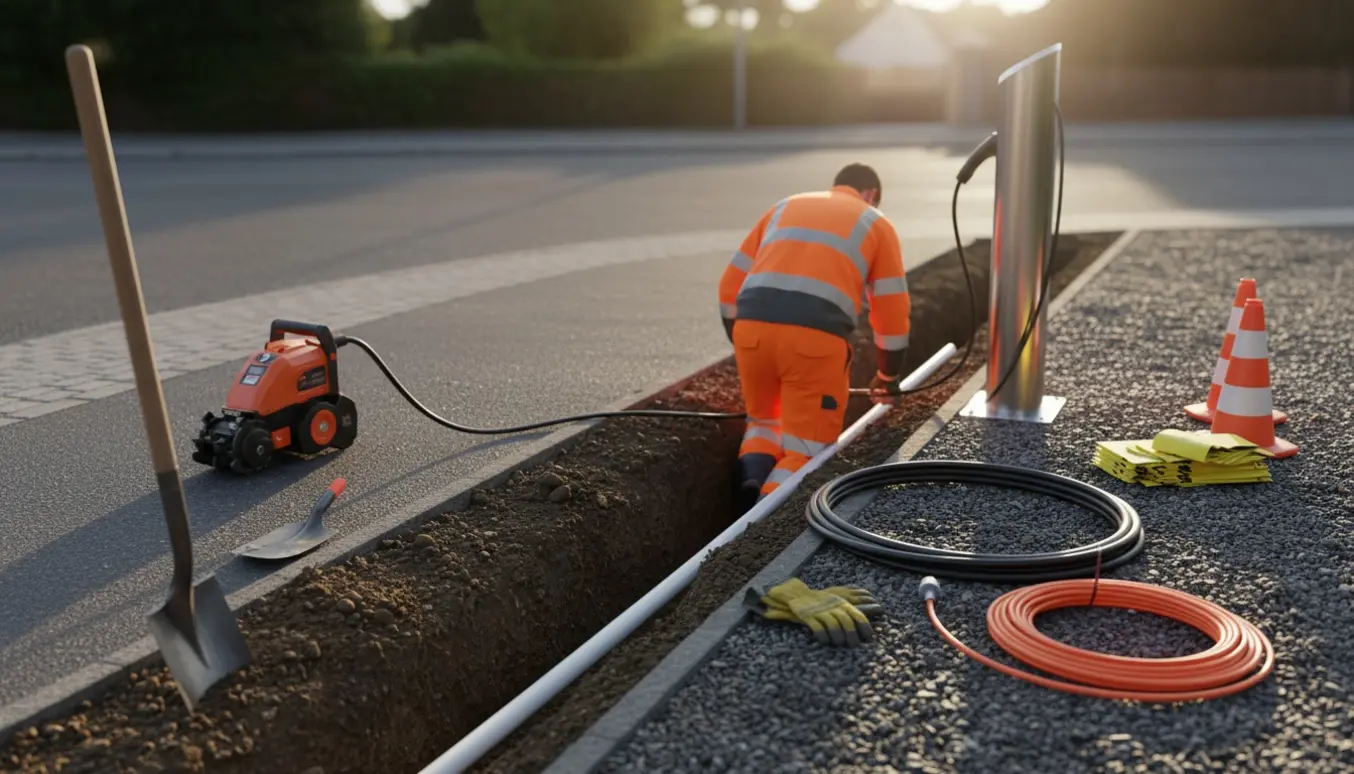 Gravning af kabelrender over en 4,5 meter bred indkørsel med rørføring og ladestander.