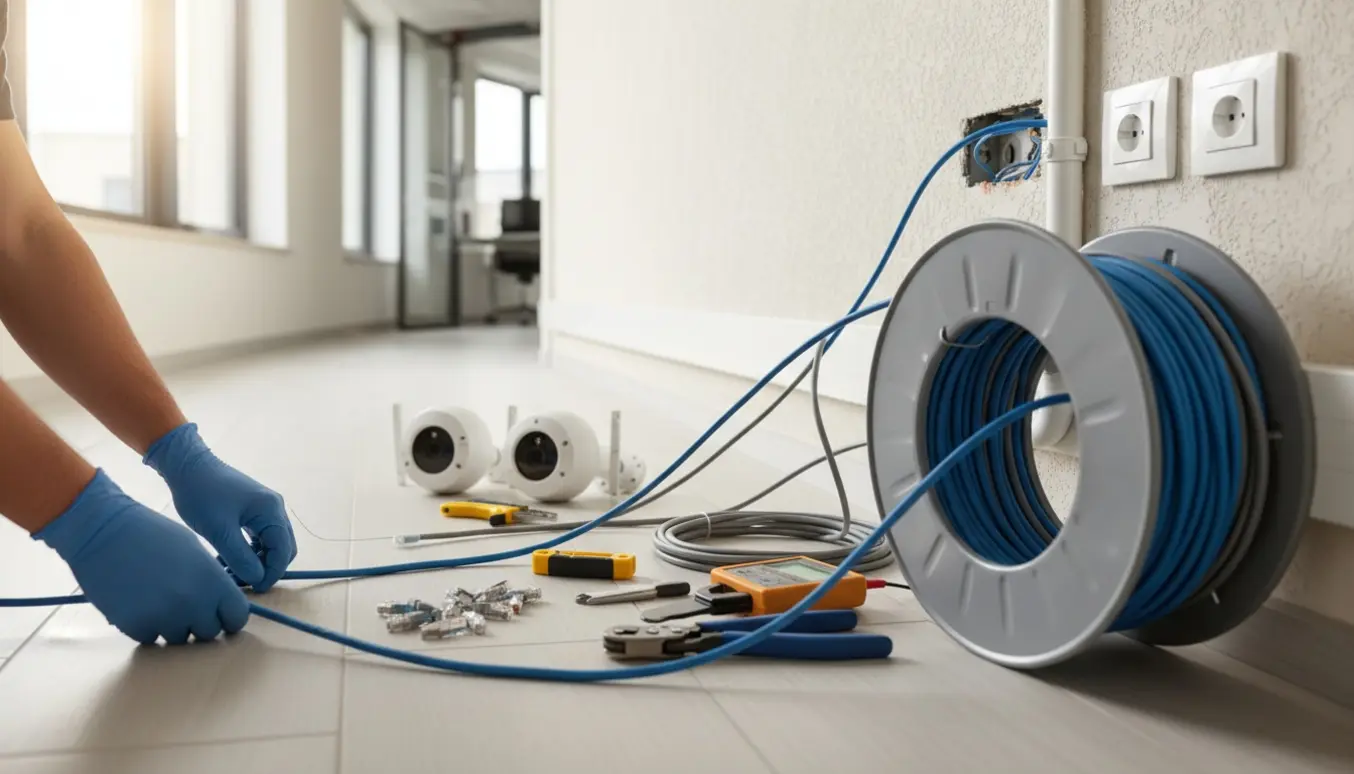 Nærbillede af hænder, der trækker CAT6-kabler gennem kanal og rør med værktøj og kameraudstyr klar til installation.