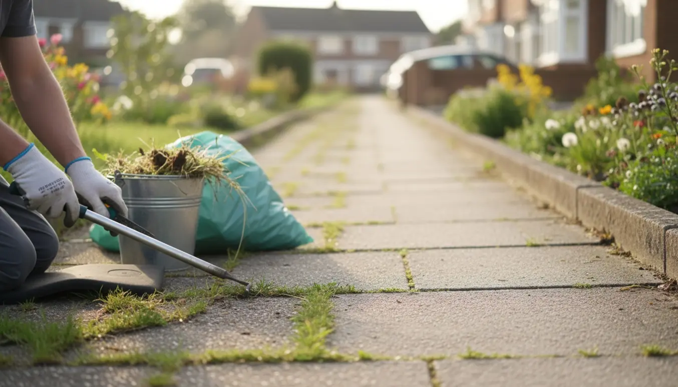 Langt fortov hvor handsker og redskaber fjerner græs og ukrudt mellem fliserne, med en klar før‑og‑efter kontrast.