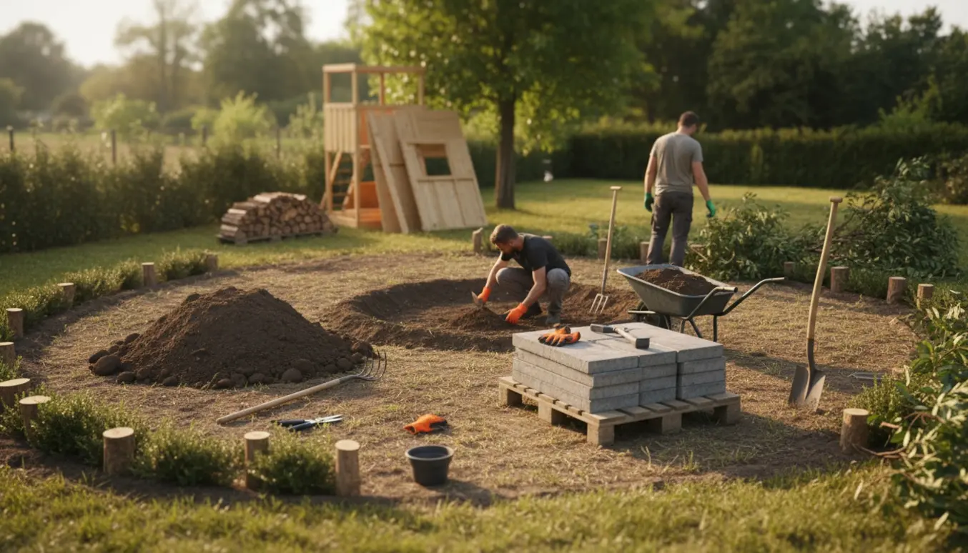 Haveareal ryddet for buske med hul til trampolin, bunker af jord og stablede fliser klar.