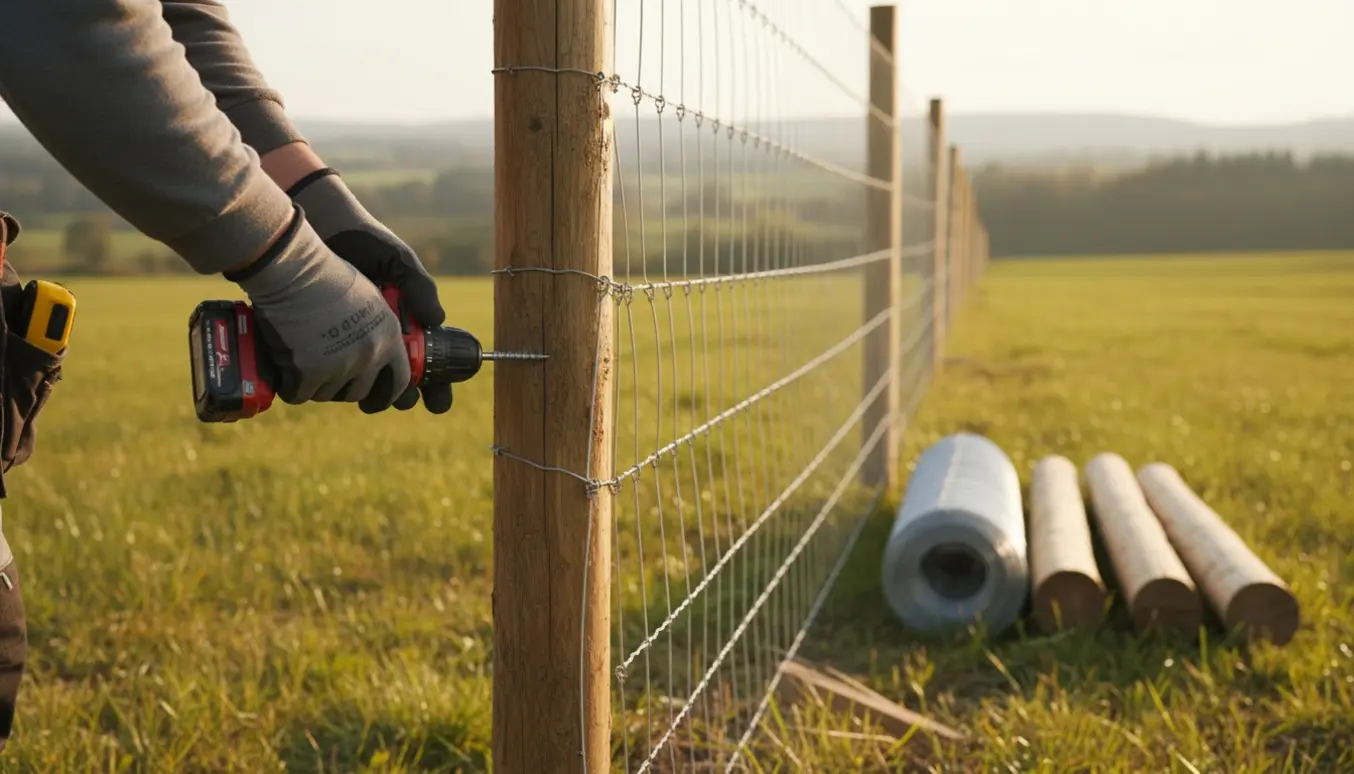 Montør fastgør halve robiniestolper og trådhegn til eksisterende hegnsstolper langs en mark.