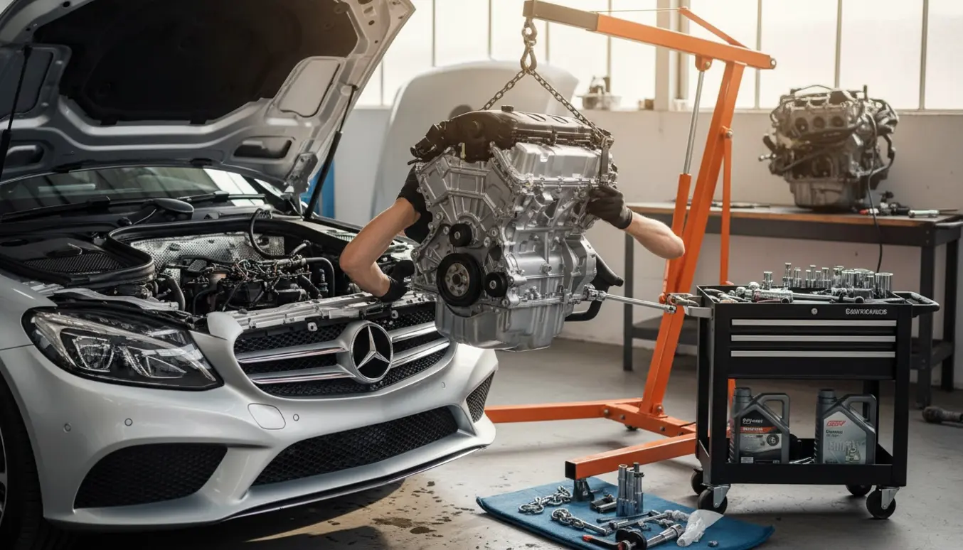 Motorudskiftning på en Mercedes C200 i et lyst værksted med motoren løftet af en kran.