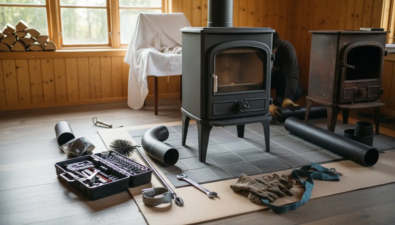 Udskiftning af brændeovn i et hyggeligt træbeklædt sommerhus med værktøj og nyt komfur klar til montering.