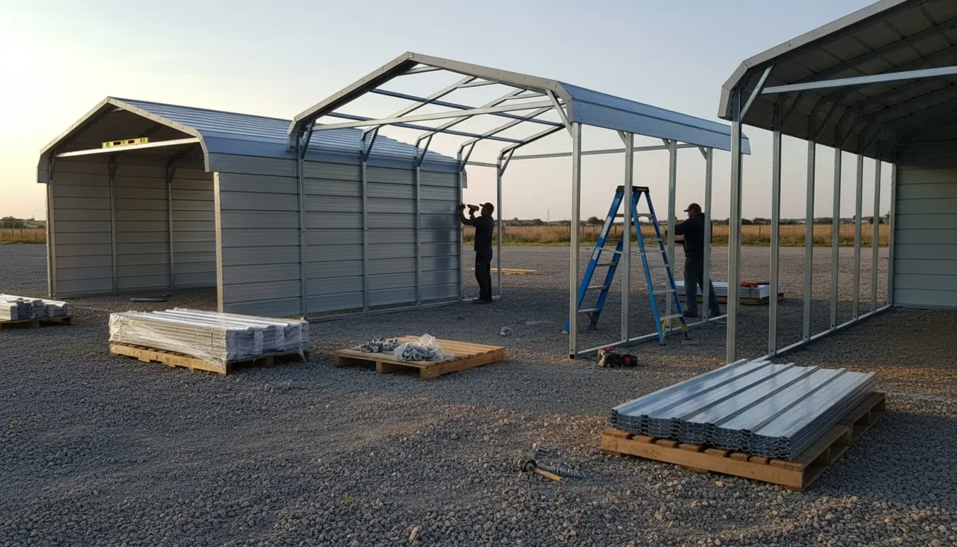 Tre galvaniserede carporte monteres side om side på et grusunderlag med værktøj og leverede materialer omkring.