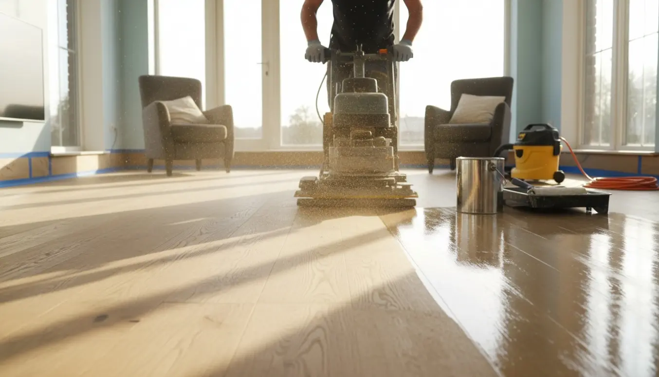 En håndværker sliber og lakerer et lyst trægulv i et stort rum med slibemaskine og lakdåse i dagslys.