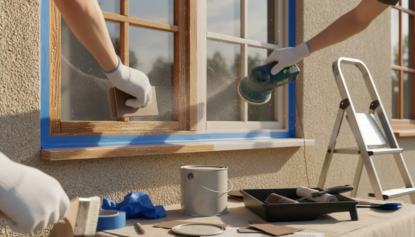 Hænder sliber og maler udvendige vinduesrammer i solskin med pensel, malerbøtte og afdækningsdug.