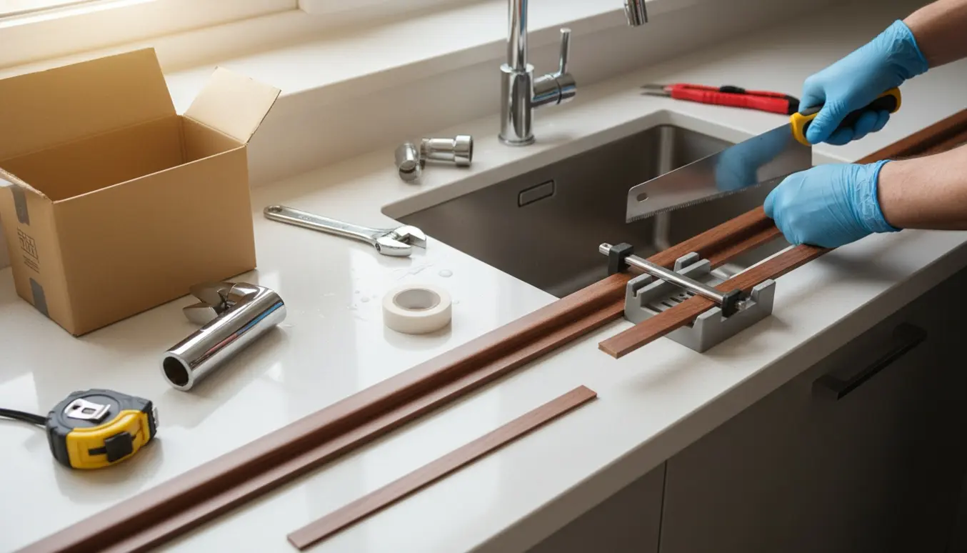 Nærbillede af udskiftning af mahognifarvet skureliste og blandingsbatteri ved køkkenvask.