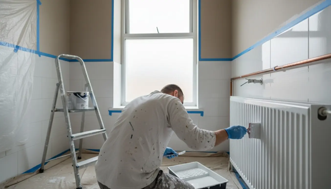 Person maler badeværelse med rulle og pensel, dækker fliser, loft, rør og radiator.