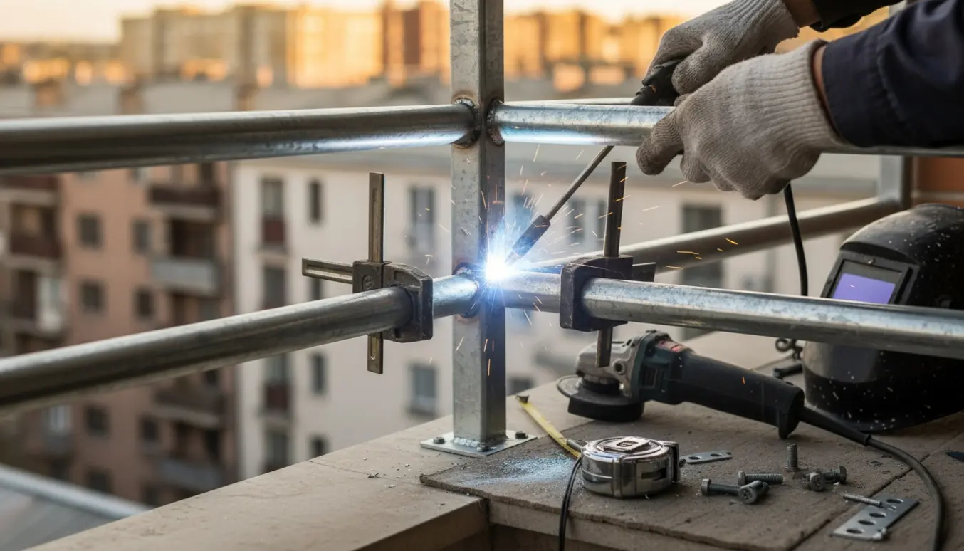 Nærbillede af svejsning af et galvaniseret gelænder på en lejlighedsaltan med fokus på en pæn hjørnesamling.