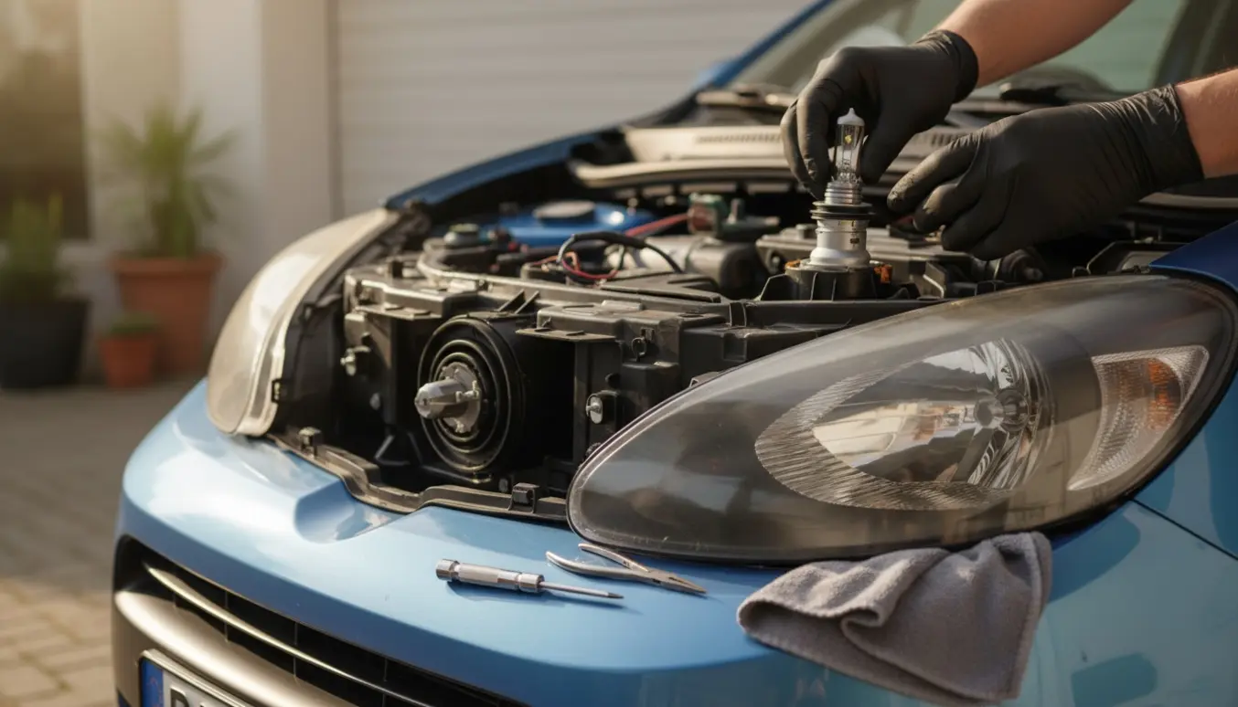 Nærbillede af udskiftning af forlygtepære på en lille bybil, hvor hænder holder en ny pære ved et åbent forlygtehus.