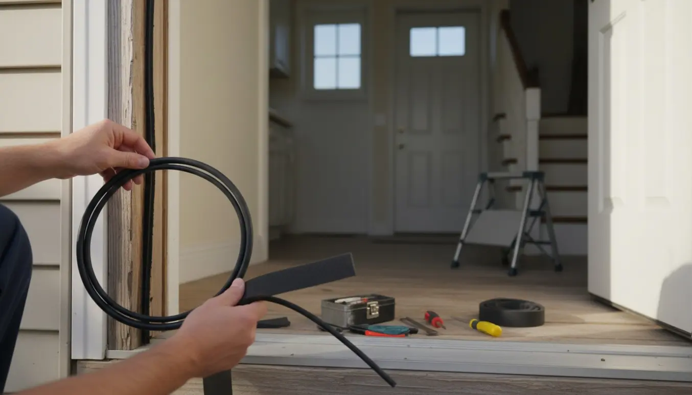 Hænder udskifter slidte gummilister på to udvendige døre med værktøj og nye lister klar.