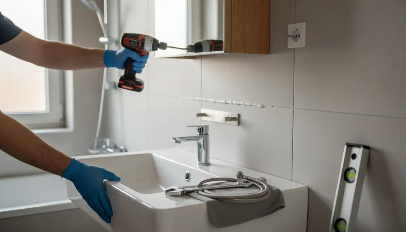 Montering af en væghængt 60 cm håndvask på flisevæg med værktøj og ophængt lille badeværelsesskab.