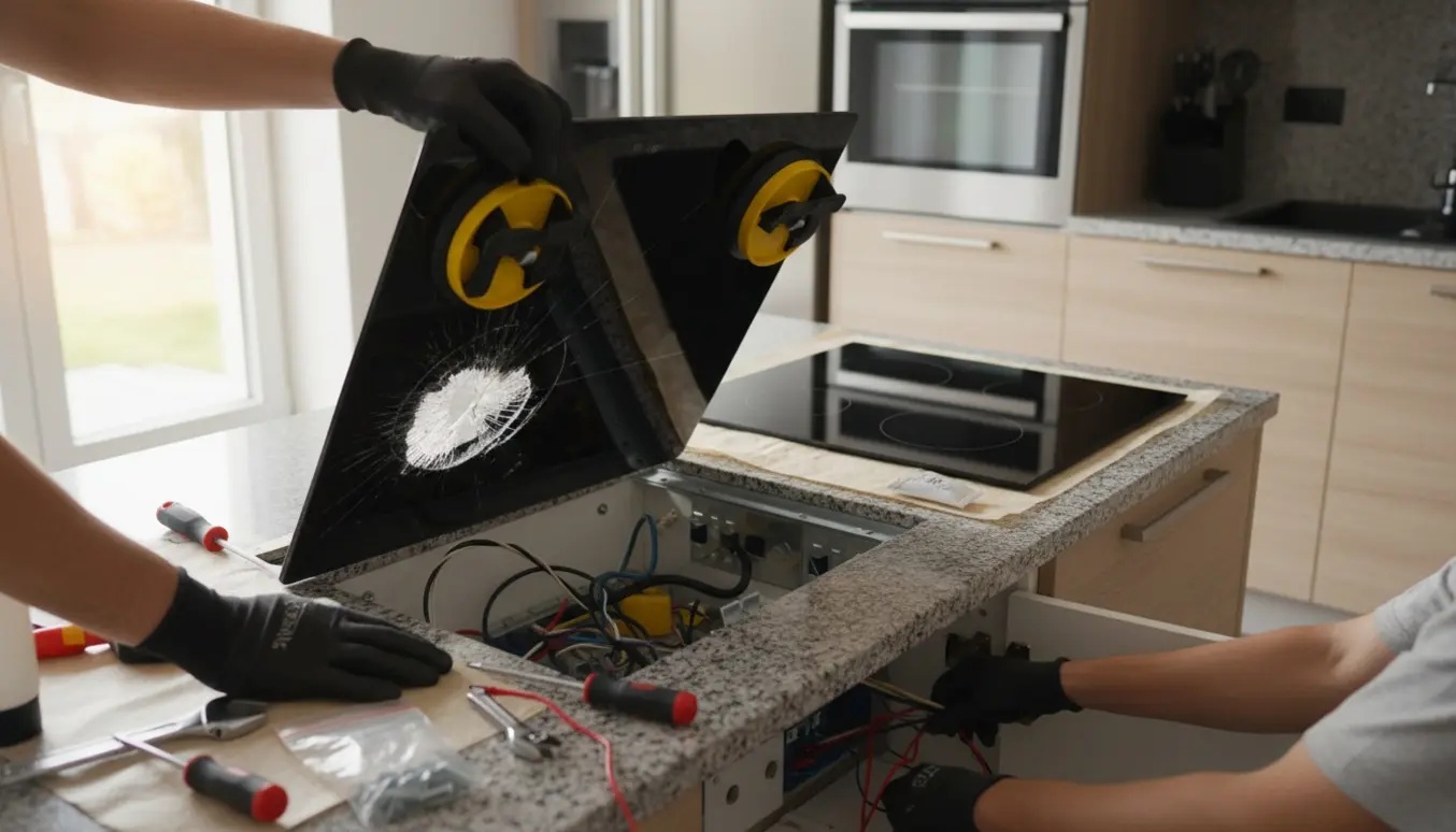 Hænder i handsker fjerner en beskadiget glasinduktionsplade fra køkkenbordet for at installere en ny.