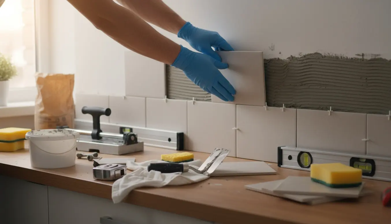 Hænder sætter keramiske fliser op på en køkkenvæg med fliseklæb, afstandsklodser og værktøj omkring.