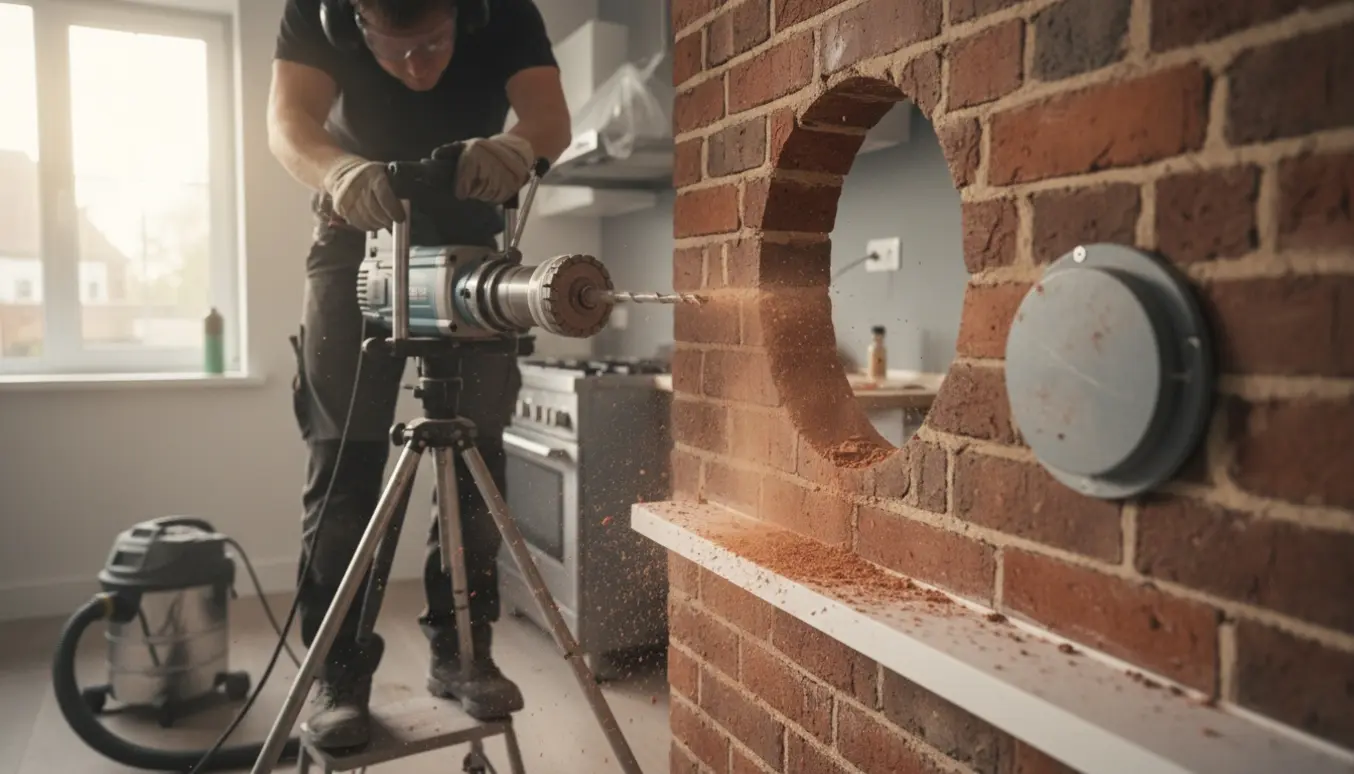 Boring af hul i teglstensmur indefra til aftræk til emhætte med værktøj og murstøv.