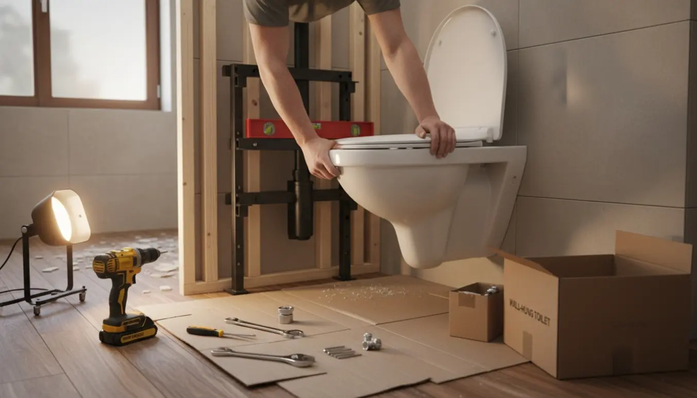 Hænder monterer et væghængt toilet på en monteringsramme i et badeværelse under renovering.