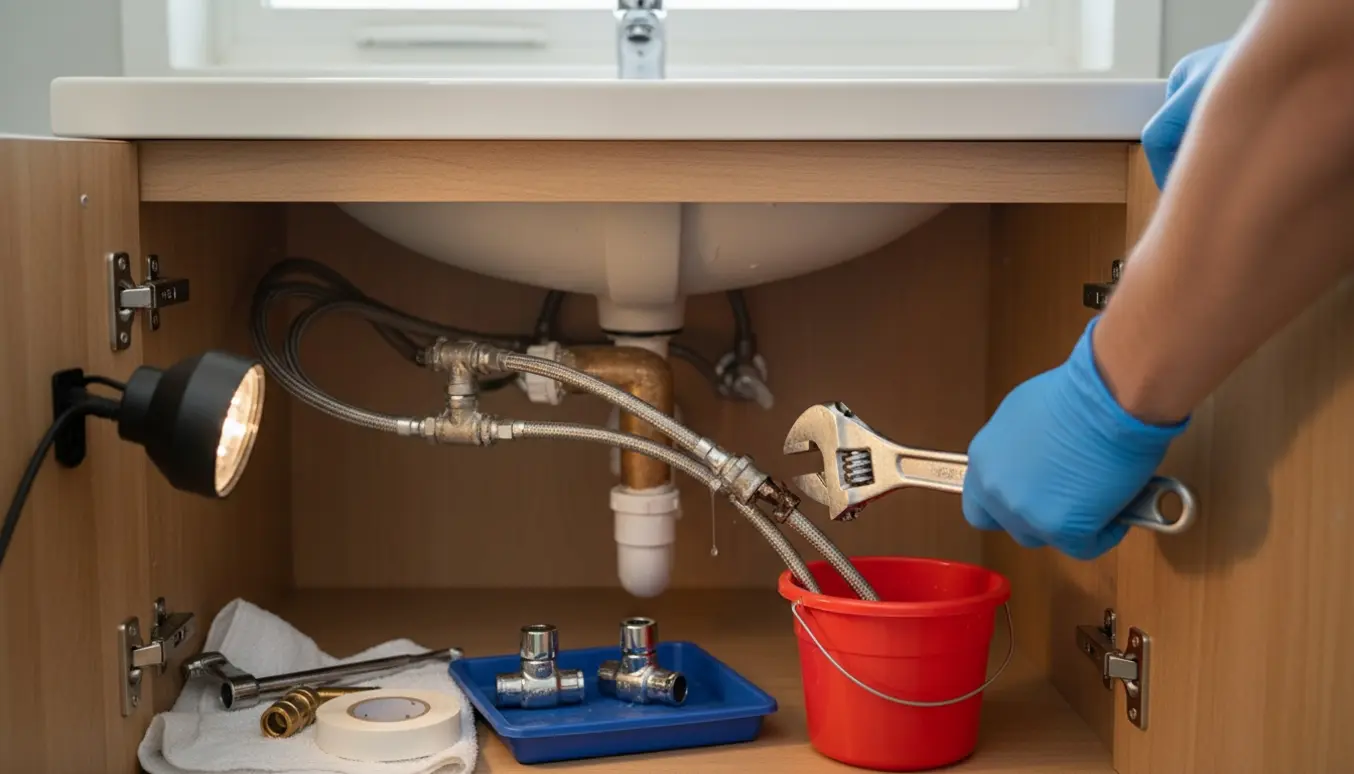 Hænder udskifter to stopventiler under et håndvaskeskab med værktøj og en spand til at opsamle vand.