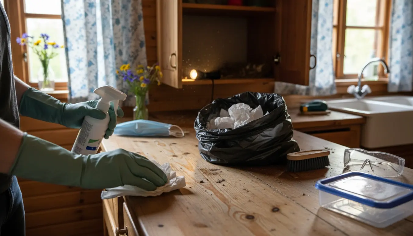 Gummihandsker og rengøringsmidler i et sommerhuskøkken, mens museafføring samles og overflader desinficeres.