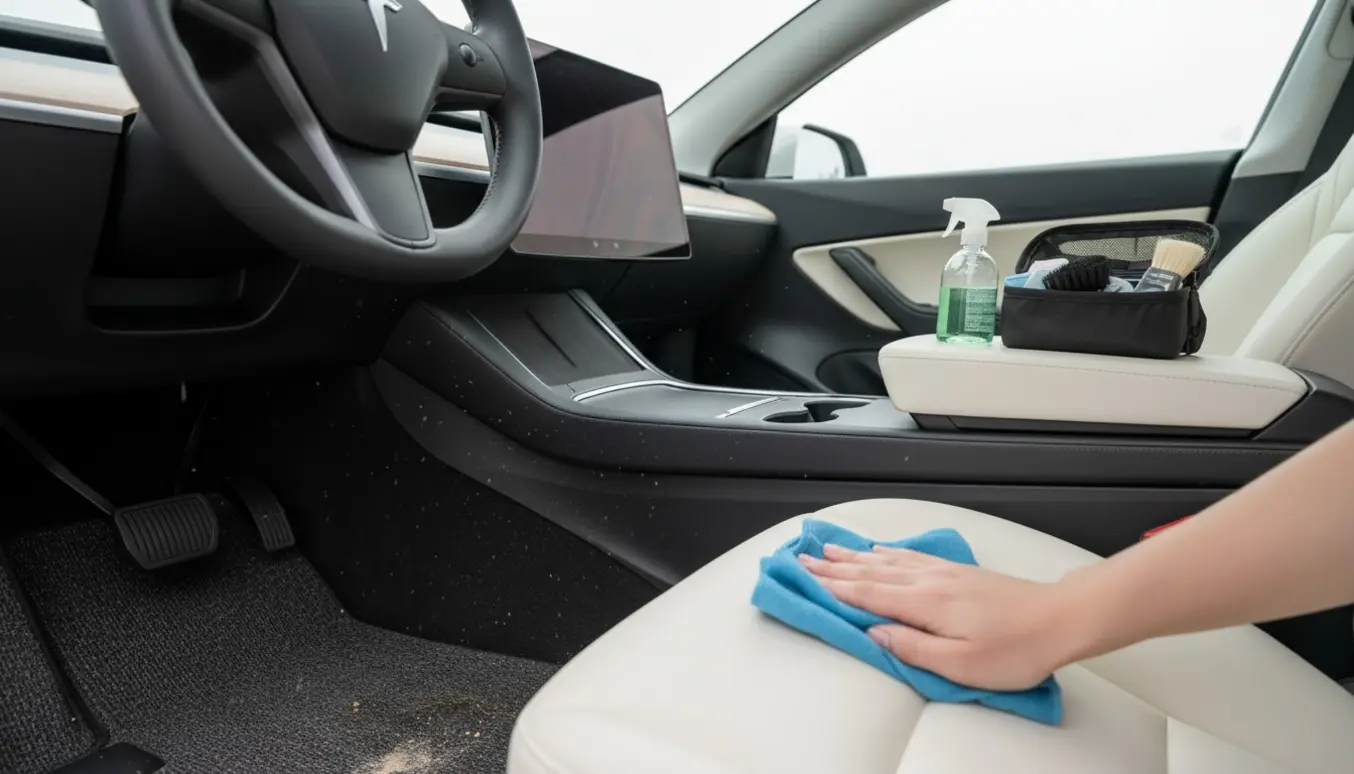 Indvendig rengøring af en Tesla Model Y med håndstøvsuger og mikrofiberklud, der fjerner krummer og støv.
