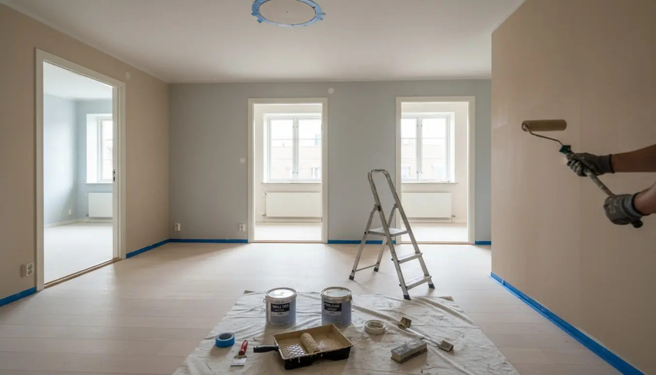 Tom lejlighed i Solrød under maling med malerbøtter, rulle, stige og spartlede vægge.