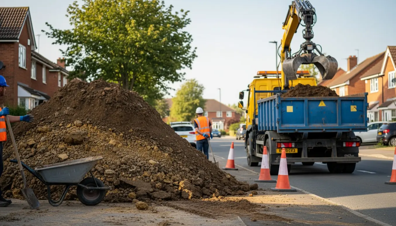 Grab-læsser læsser cirka 15–20 m3 blandet muld og ler fra en indkørsel ved vejen.