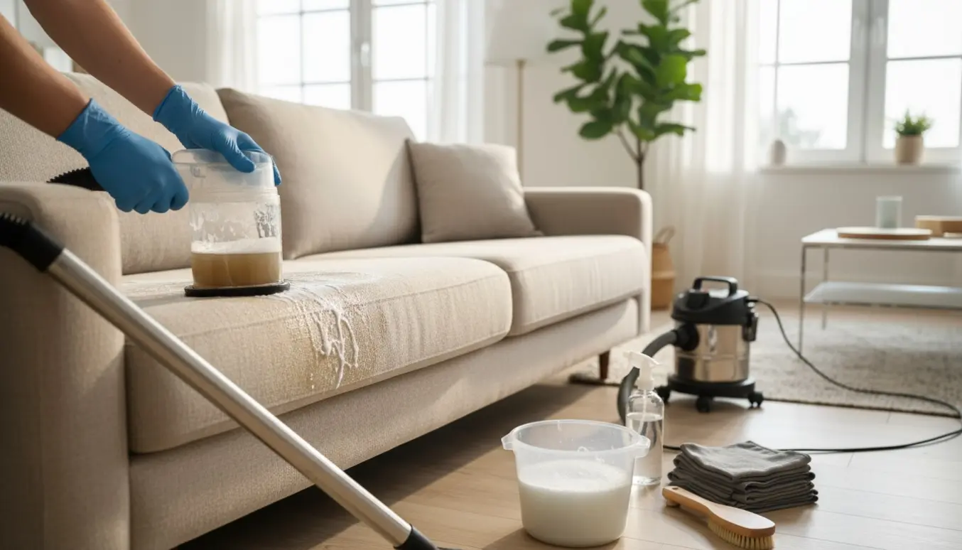 Hånd bruger en møbelrenser til at dybderense en stofsofa i blødt eftermiddagslys.