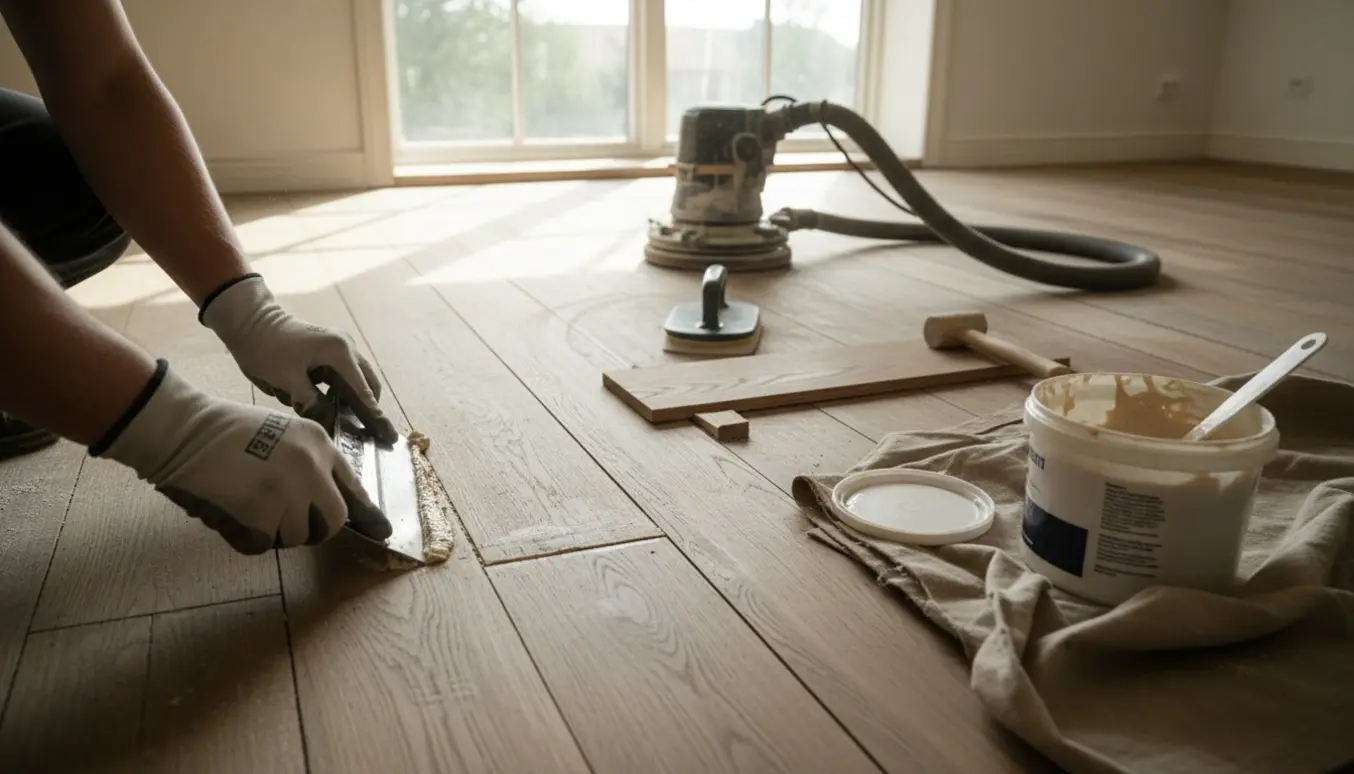 Hænder påfører fugemasse og sliber et trægulv i en lys stue med værktøj og støv.