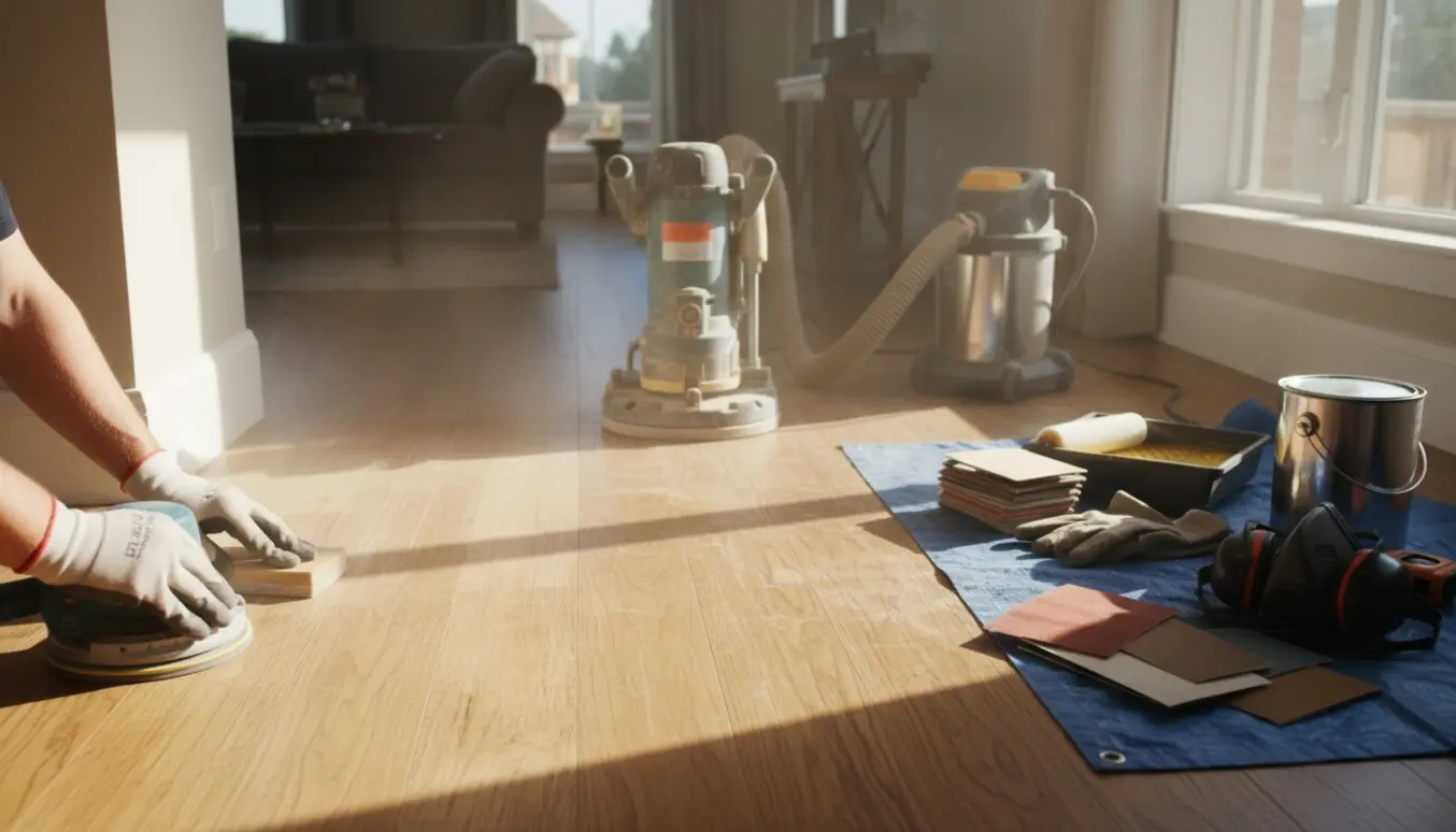 Gulv under slibning i et lyst rum med slibemaskine, slibematerialer og trælakin.