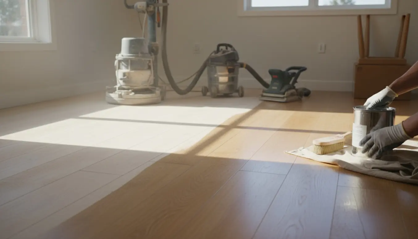 Lys indendørs scene hvor et nyslebet trægulv bliver efterbehandlet med olie, vist før-og-efter.