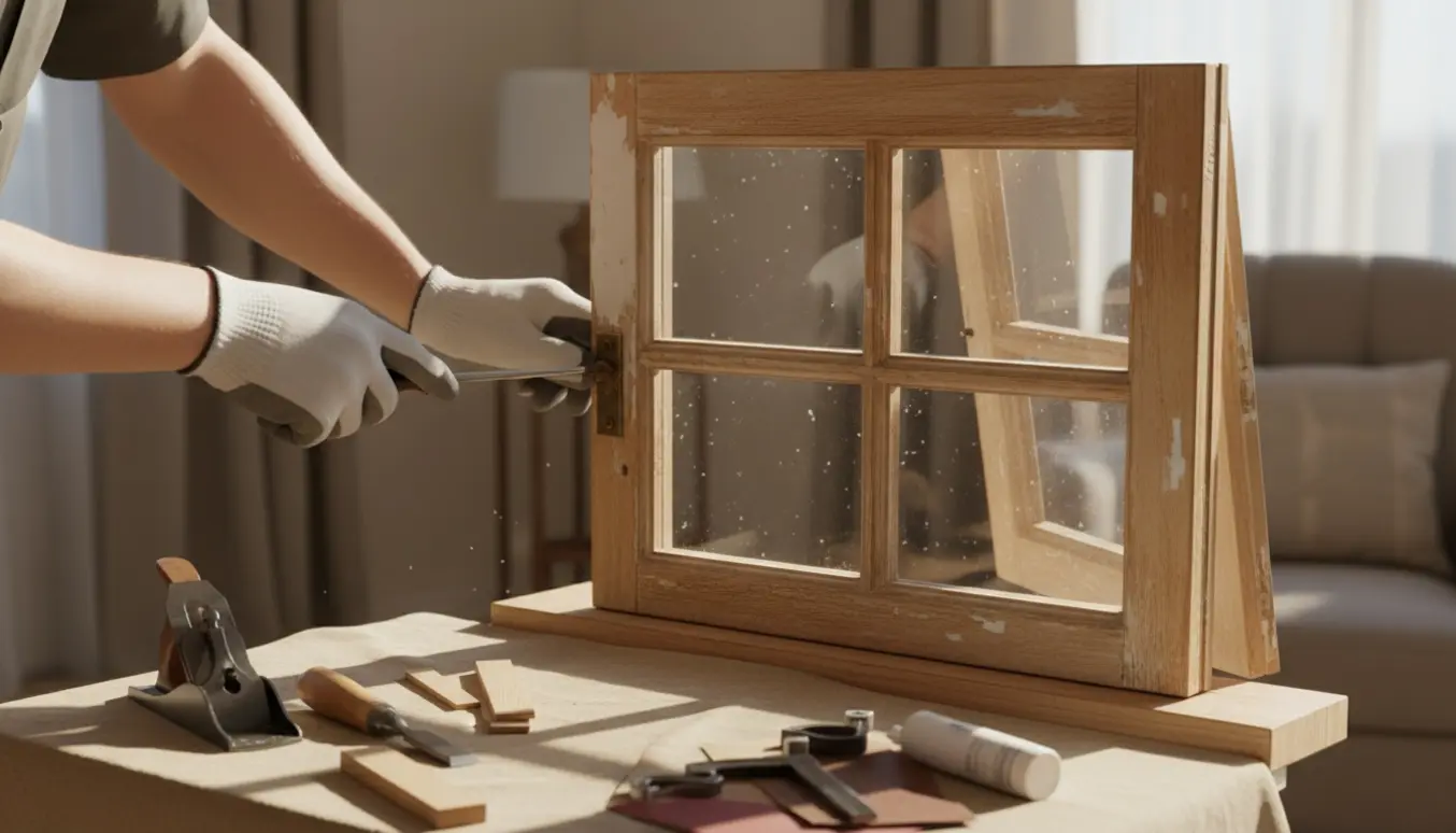 Nærbillede af hænder, der retter et skævt lille vindue med skruetrækker og kiler i et lyst rum.