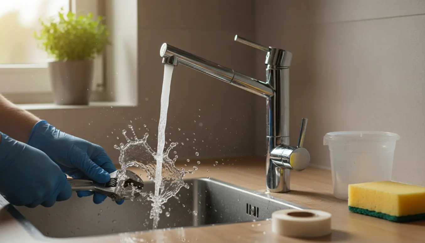 Nærbillede af et køkkenarmatur, hvor vand strømmer ud, med værktøj og våde overflader omkring.