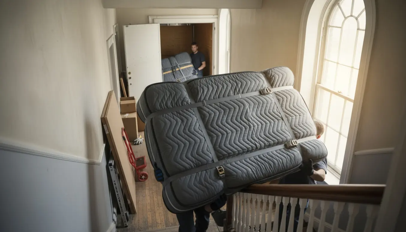 To flyttemænd løfter en indpakket seng op ad en smal trappe mod en lejlighed, med en åben flyttevogn ude på gaden.