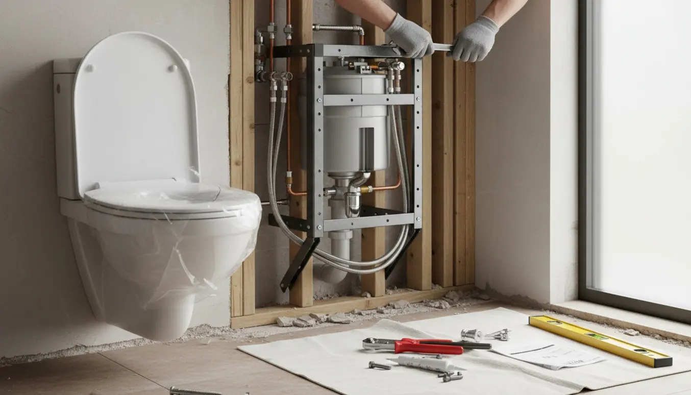 Badeværelse under renovering med vægmodul og væghængt toilet klar til installation, VVS-hænder arbejder på rørføringen.