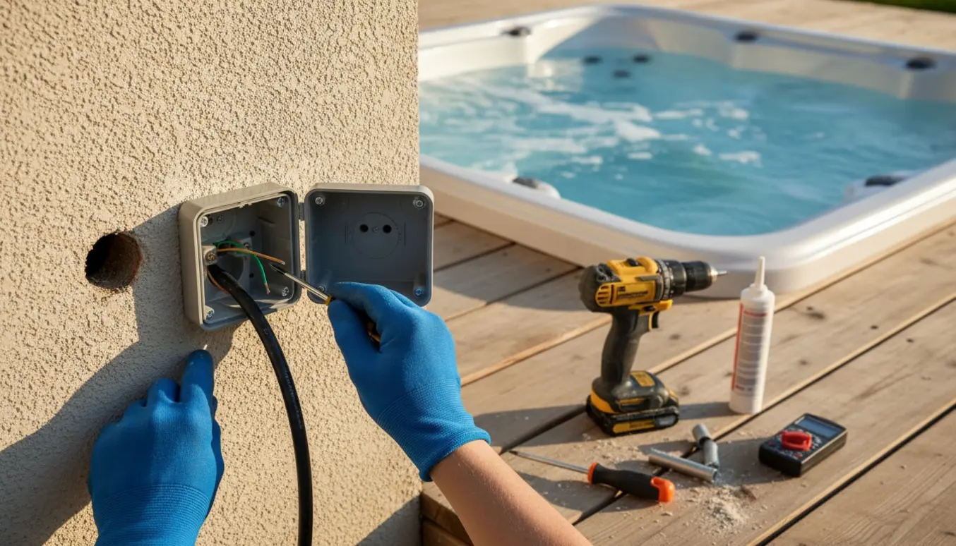 Hænder installerer en vejrbestandig udendørs stikkontakt ved et spa-bad med kabel ført gennem væggen og værktøj på trædækket.