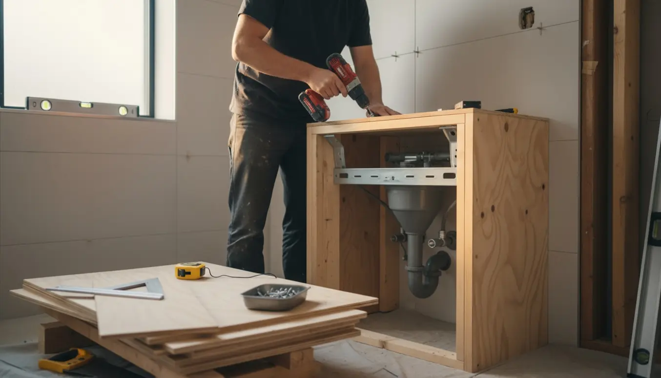 Hænder bygger en trækasse omkring en væghængt toiletcisterne i et badeværelse under renovering.