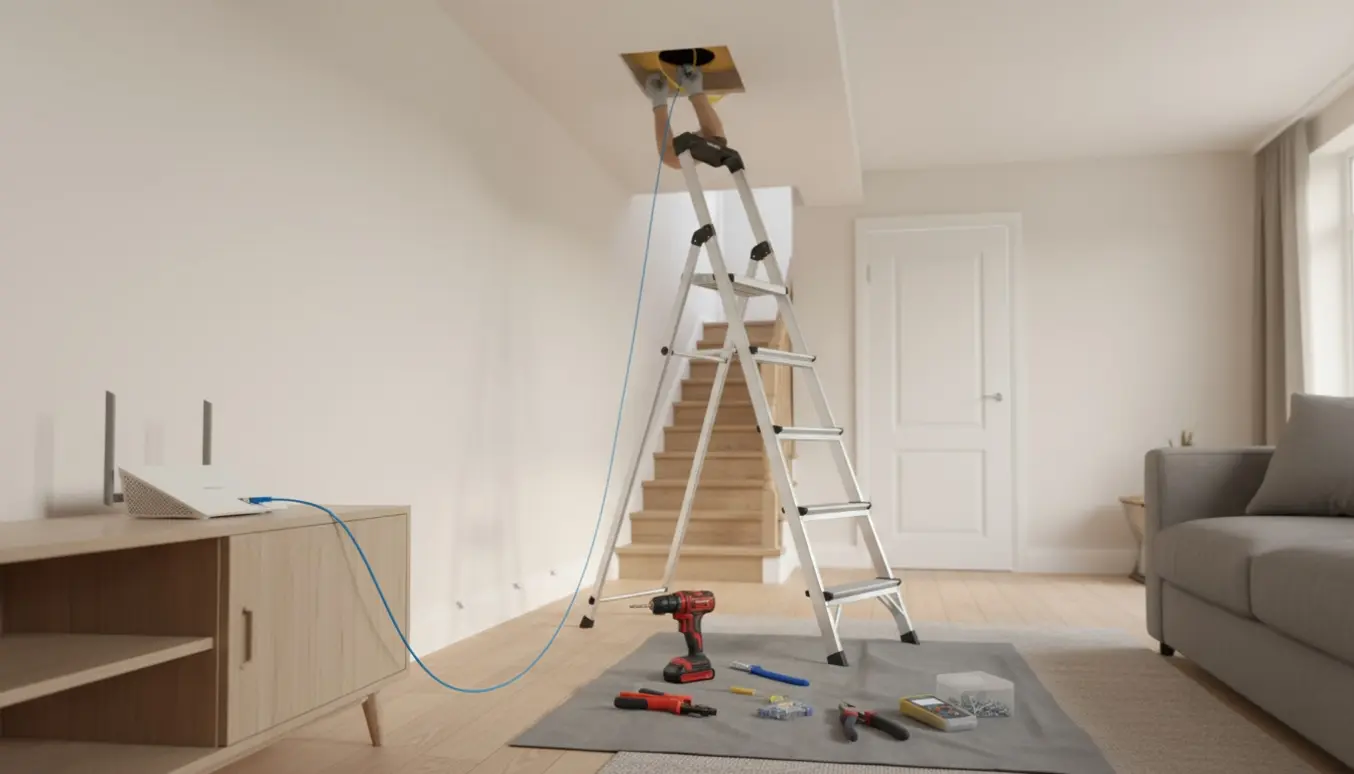 Hænder fører et LAN-kabel fra en router i stuen gennem en åben loftlem mod et værelse på første sal.