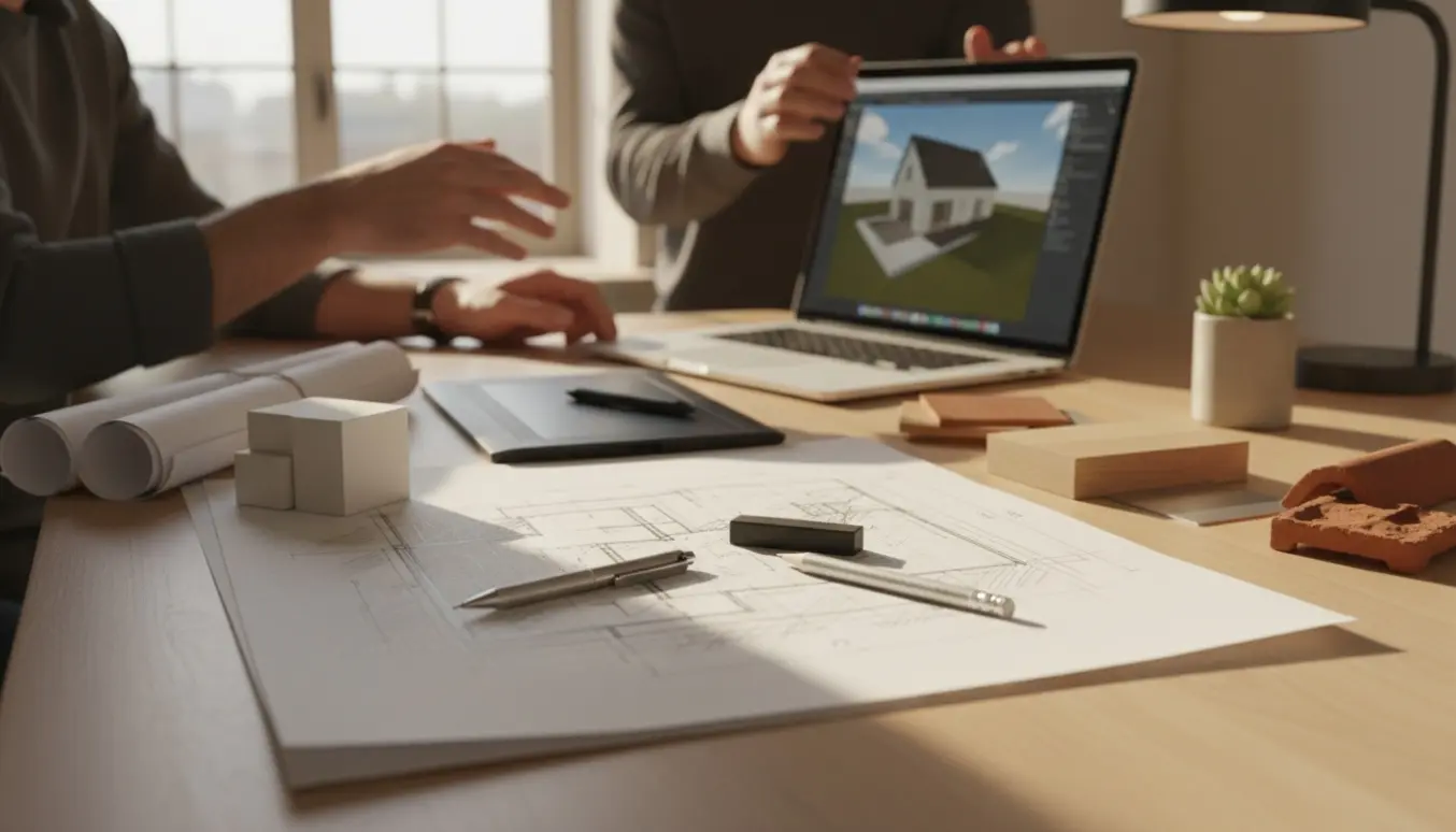 Håndtegnet skitse af en tilbygning ved siden af en laptop med 3D-visualisering, materialprøver og arkitektværktøj på et lyst arbejdsbord.