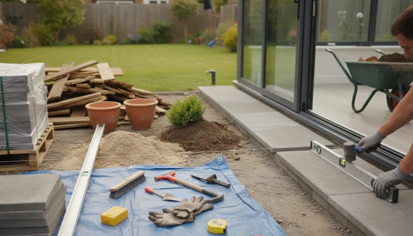 Ny flisebelægning i have ved udestue med værktøj og fjernet træterrasse i baggrunden.