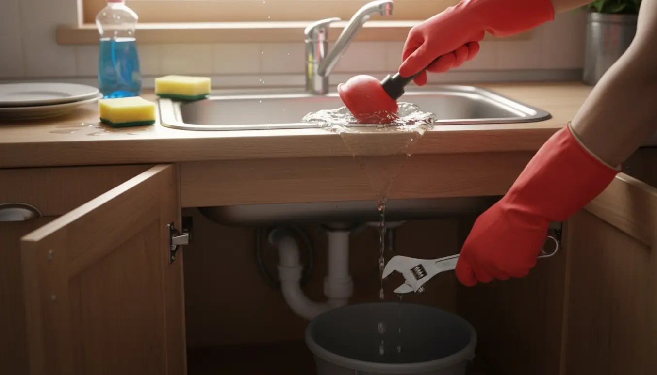 Handskerklædte hænder renser en tilstoppet rustfri køkkenvask med en sugekop mens vand opsamles i en spand under skabet.
