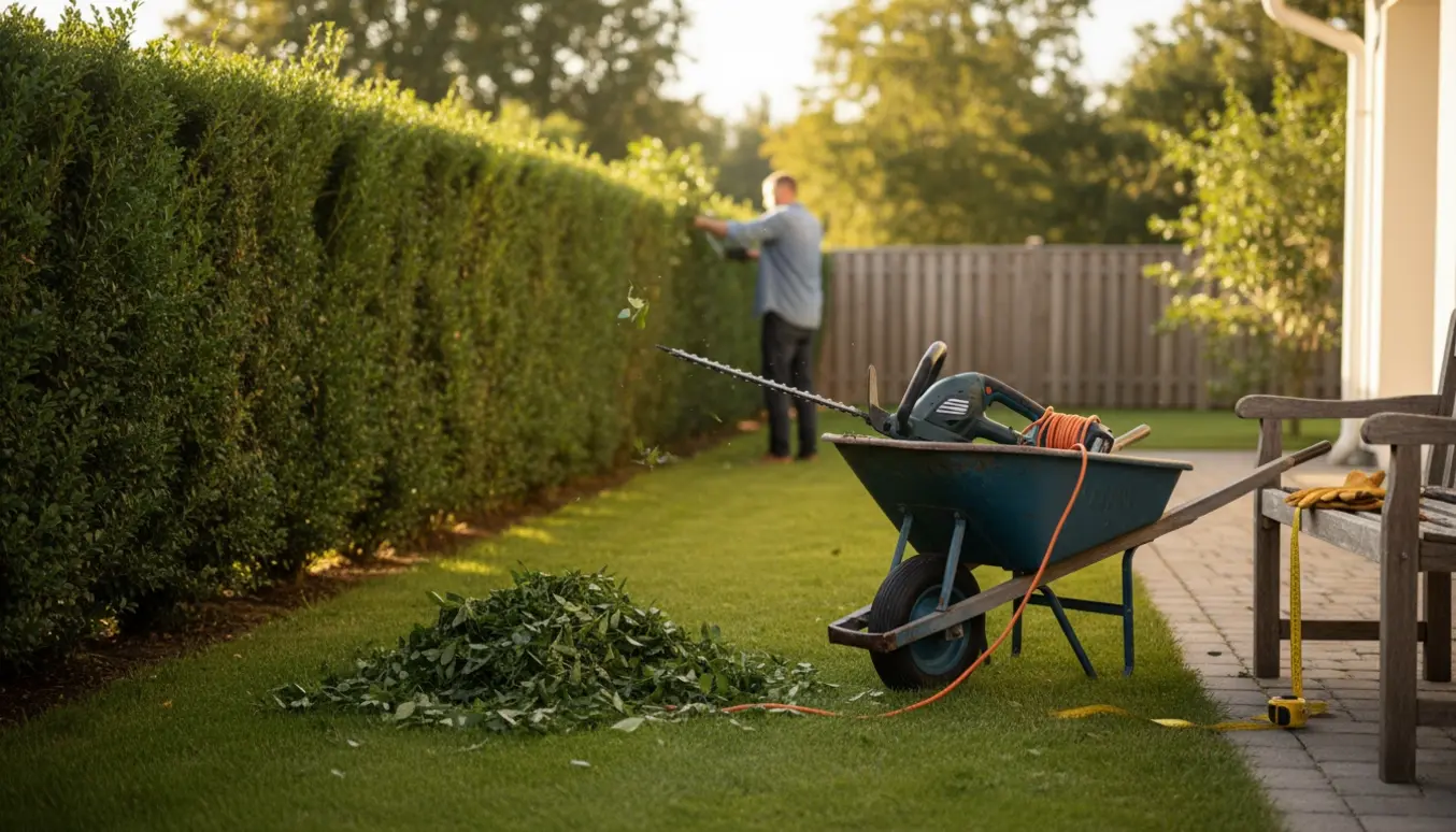 En person trimmer en lang hæk i en baghave på en varm sensommerdag med elektrisk hækkeklipper og en bunke nyslåede grene.